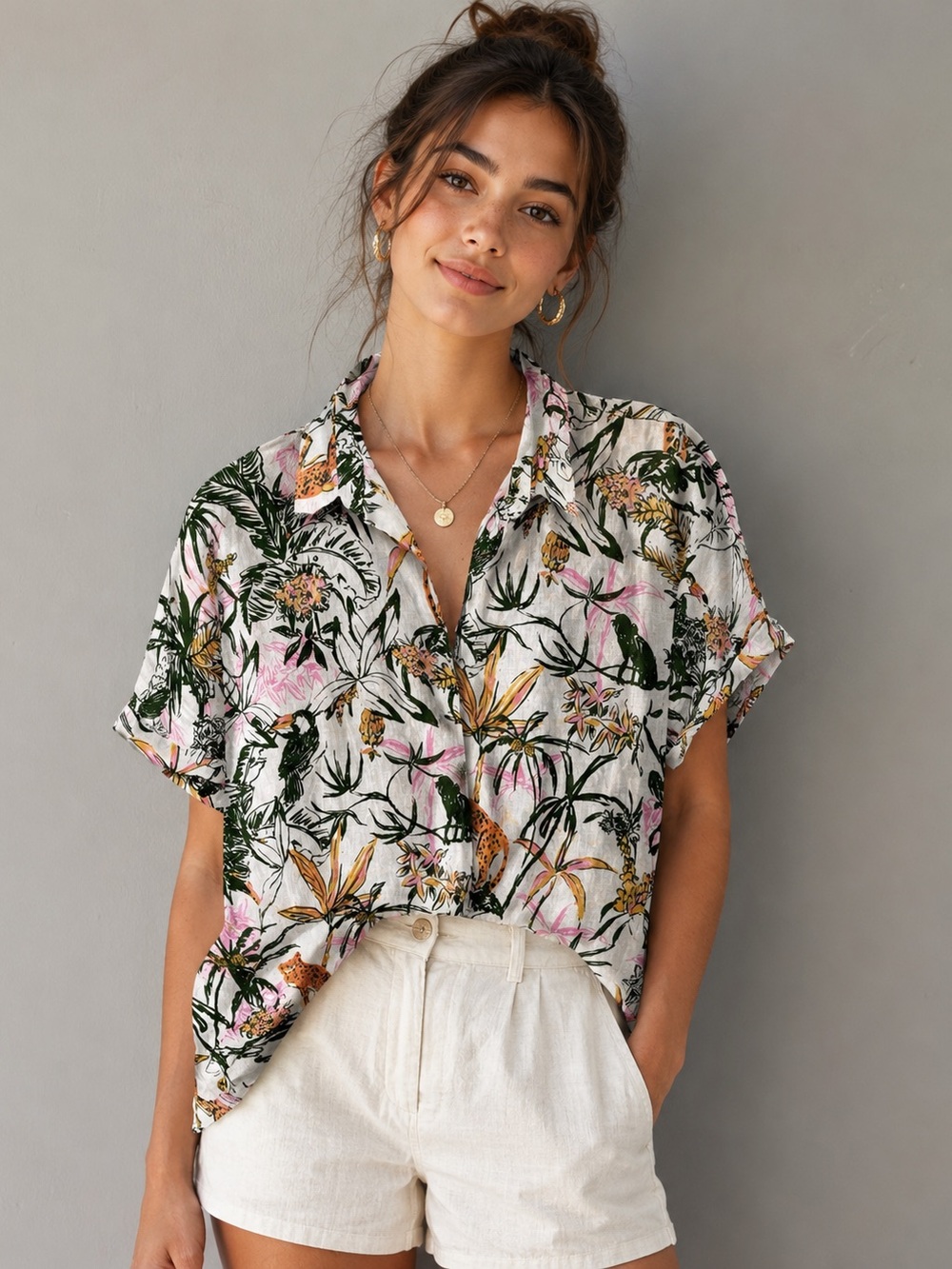 Rachel Zoe Floral Button-Down Linen Shirt — Pink, Green & Cream